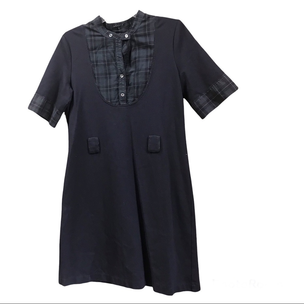 Theory A-Line Stretch Shirt Dress Plaid Mixed Fabric Button Down Fit Flare Midi